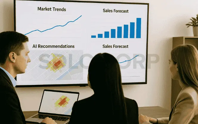 Real estate team analyzing AI-driven market trends, heatmaps, and sales forecasts during a meeting.