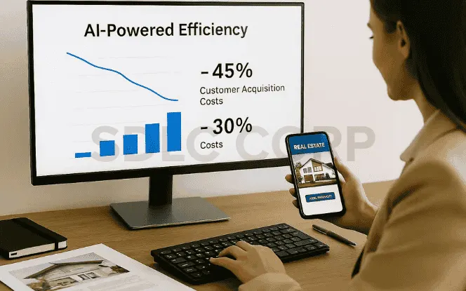 Professional reviewing AI analytics showing reduced customer acquisition costs and operational expenses.