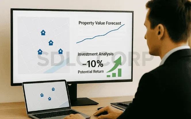 Investor analyzing AI-powered property value forecasts and investment return predictions on screen.