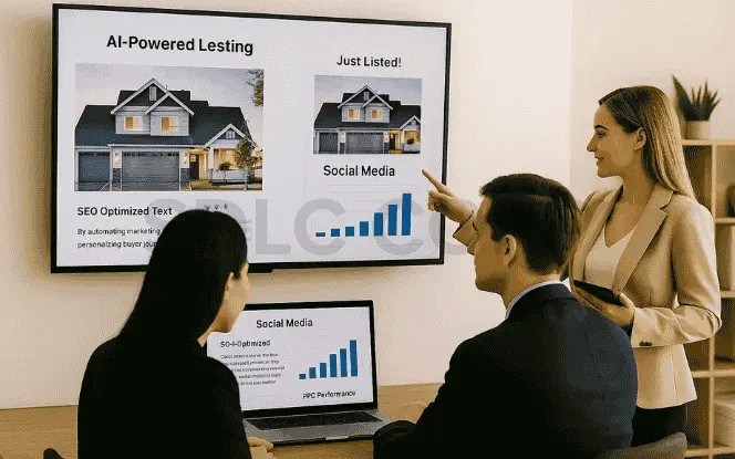 Marketing team reviewing AI-generated property listings, SEO-optimized content, and social media strategies.