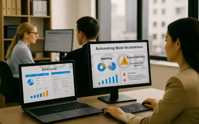 Real estate manager using AI dashboards for scheduling, reporting, and fraud detection to optimize operations.