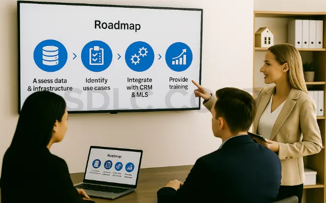 Real estate professionals reviewing a step-by-step AI adoption roadmap in a conference room setting.