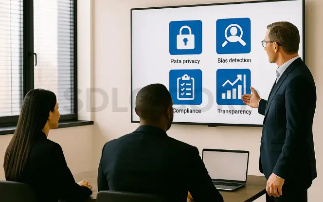 Business professional presenting AI governance concepts including data privacy, bias detection, compliance, and transparency to a corporate team.