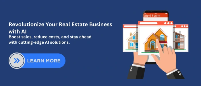 Illustration showing a smartphone and property listing cards with houses, representing how Generative AI for Real Estate can boost sales, reduce costs, and provide cutting-edge AI solutions for the property industry.