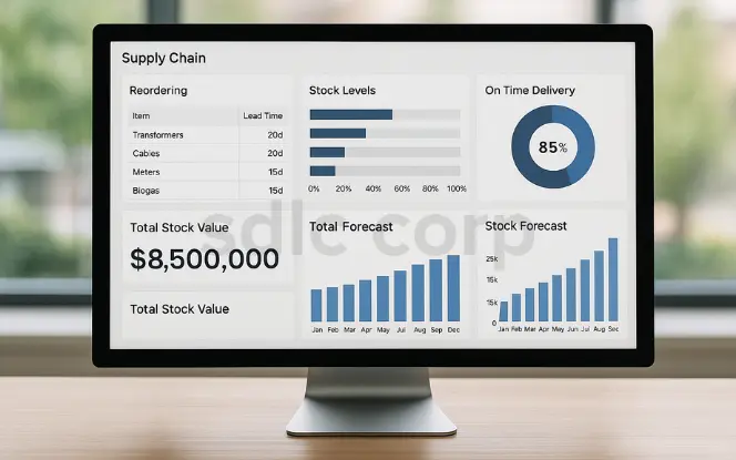 Realistic computer monitor displaying a supply chain management dashboard with sections for reordering items and lead times, stock levels, on-time delivery rate, total stock value, total forecast, and stock forecast chart.