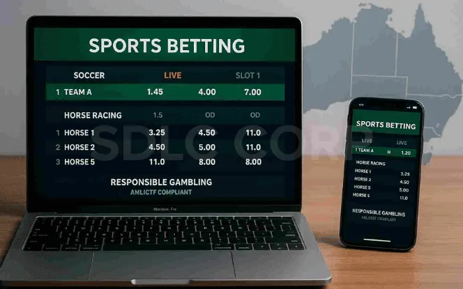 “Modern sports betting setup in Australia with laptop and smartphone displaying live odds for soccer and horse racing. Map of Australia in the background. Sports and racing betting license illustration.