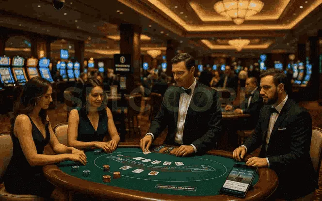 “Professional Australian casino with table games, slot machines, and a dealer at a blackjack table. Elegant interior with chandeliers and formal-dressed patrons. Casino license visual representation.