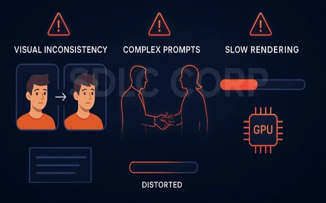 Text-to-video AI infographic: visual inconsistency, complex prompts, slow rendering.