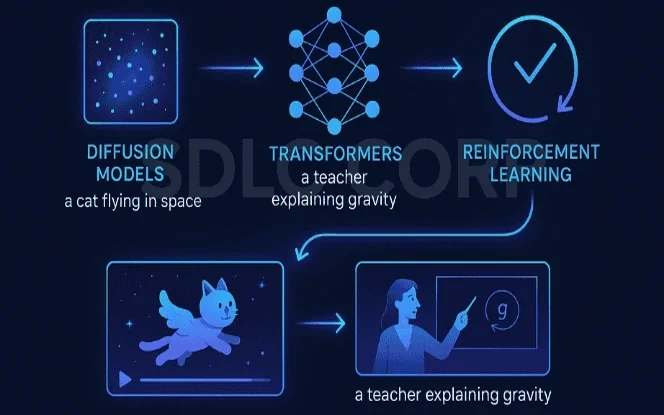 Text-to-video AI process: diffusion models, transformers, reinforcement learning.