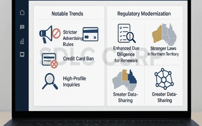 A corporate-style desktop dashboard for the Australia iGaming License, divided into Notable Trends and Regulatory Modernization, showing icons for stricter advertising rules, credit card ban, high-profile inquiries, stronger Northern Territory laws, due diligence, and greater data-sharing.