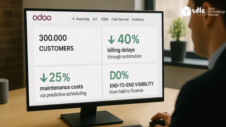 A professional using a widescreen monitor displaying an Odoo ERP dashboard with metrics showing 300,000 customers, 40% reduction in billing delays, 25% savings on maintenance costs, and 20% improvement in end-to-end visibility, with modules for Invoicing, IoT, CRM, Field Service, and Inventory.