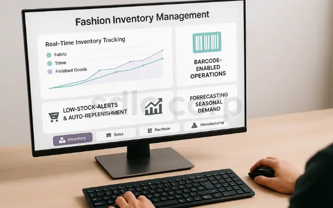 A widescreen monitor displaying an Odoo Fashion Inventory Management dashboard with features like real-time tracking of fabric, trims, and finished goods, barcode-enabled operations, low-stock alerts with auto-replenishment, and forecasting tools for seasonal demand, while a person operates the computer at a wooden desk.