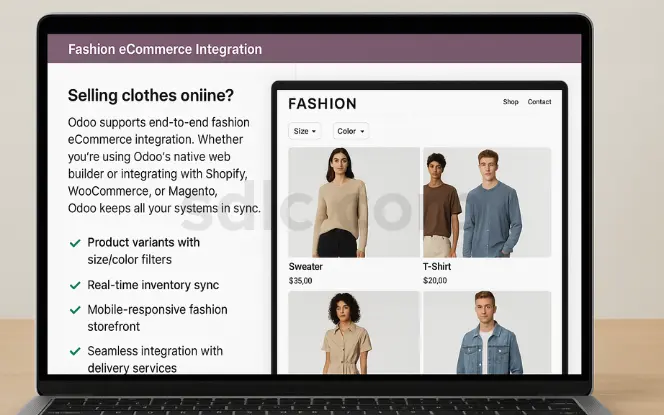 A laptop screen displaying the Odoo fashion eCommerce integration interface, with the left side showing key features like product variants, real-time inventory sync, mobile responsiveness, and delivery integration, and the right side showing an online fashion store with sweaters, t-shirts, and shirts, complete with size and color filters.