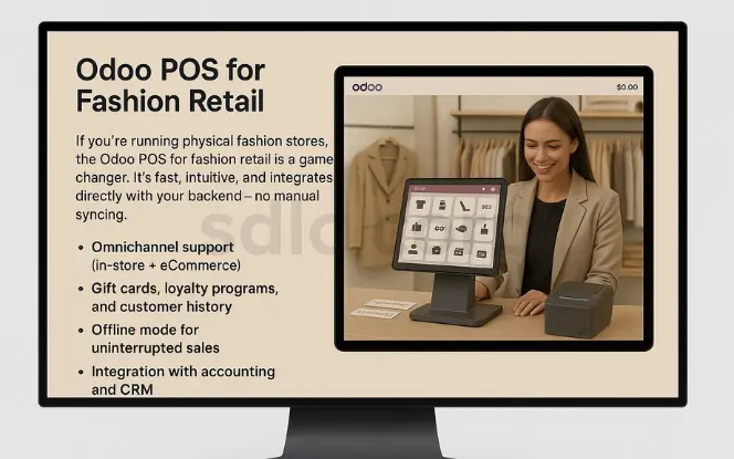 Computer monitor displaying an Odoo POS for Fashion Retail promotional screen, featuring a smiling sales associate using the POS system in a clothing store, with text highlighting features such as omnichannel support, gift cards, offline mode, and CRM integration.