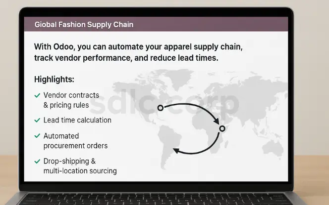 A laptop screen showing Odoo’s fashion supply chain automation dashboard, with a world map illustrating global connections and a list of highlights including vendor contracts and pricing rules, lead time calculation, automated procurement orders, and drop-shipping with multi-location sourcing.