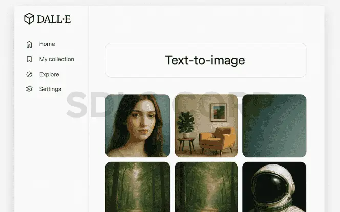Screenshot of DALL·E text to image dashboard with a white minimalist design, showing six AI-generated images including portraits, interiors, and landscapes. 