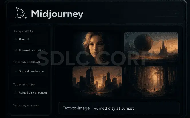 Screenshot of Midjourney text to image interface in a dark, cinematic style, showing a chat-style prompt “Ruined city at sunset” and four atmospheric AI-generated artworks.
