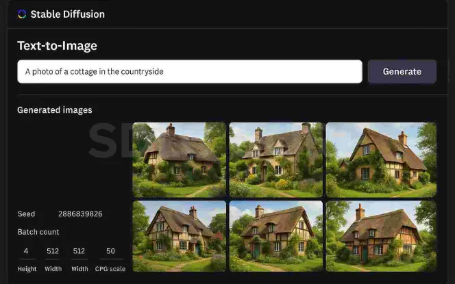 Screenshot of Stable Diffusion text to image dashboard, in a dark theme, with a prompt “A photo of a cottage in the countryside” and six generated images of scenic cottages.
