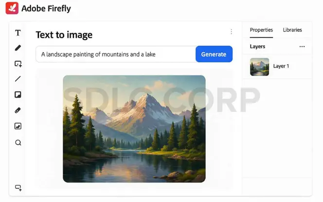 Screenshot of Adobe Firefly text to image generator, featuring a white workspace, a prompt “A landscape painting of mountains and a lake,” and the generated image in the central canvas with tools and layers panel.