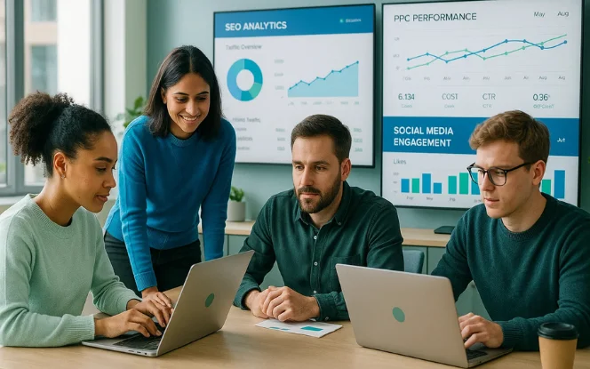   Abstract visual representation of digital marketing success with upward-trending graphs, network lines, and glowing icons for SEO, PPC, social media, and content marketing 