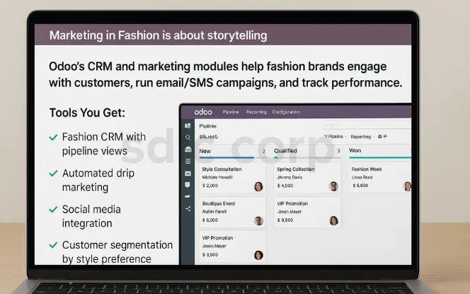A laptop screen showing Odoo’s CRM and marketing modules for fashion brands, with a left panel listing features like fashion CRM with pipeline views, automated drip marketing, social media integration, and customer segmentation, and a right panel displaying a pipeline dashboard with stages for new, qualified, and won leads.