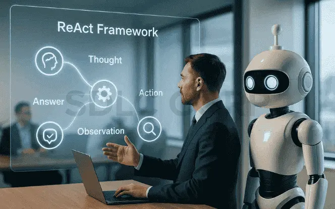 Professional ReAct framework presentation showing a businessman in a suit explaining the four stages—Thought, Action, Observation, Answer—on a transparent holographic display, with a humanoid AI robot standing beside him in a modern corporate office.