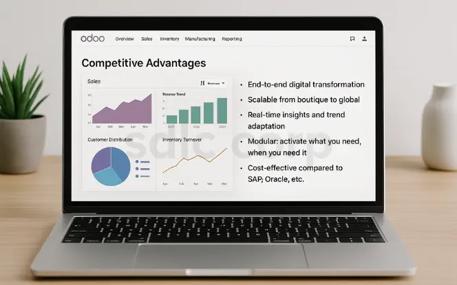 A laptop screen displaying Odoo’s business dashboard with charts for sales, revenue trends, customer distribution, and inventory turnover, alongside a list of competitive advantages including end-to-end digital transformation, scalability, real-time insights, modular activation, and cost-effectiveness compared to SAP and Oracle.