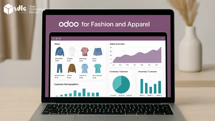 A laptop on a wooden desk displaying a fashion business dashboard with panels for product sales, sales overview, customer demographics, and inventory turnover, set against a background with a hanging beige shirt and a vase with dried plants