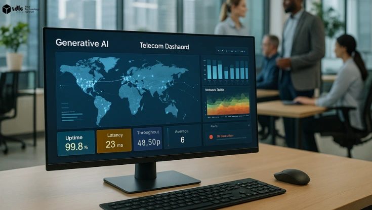 Telecom operations office with ultra-wide monitor displaying generative AI dashboard showing global network coverage map, signal strength indicators, KPI panels, and traffic heatmaps, with team working in the background.