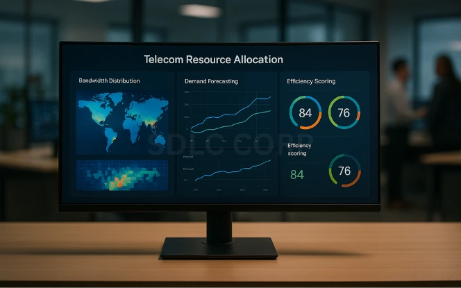 Monitor showing telecom resource allocation dashboard with maps and charts