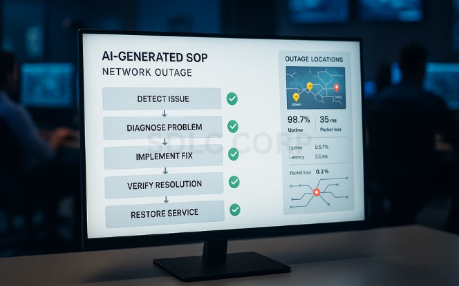 Monitor displaying AI-generated standard operating procedures for network outages