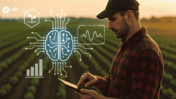A farmer standing in a lush green crop field at sunset, using a tablet with AI-generated holographic data overlays for crop health, yield forecasts, and analytics — representing Generative AI for Agriculture.