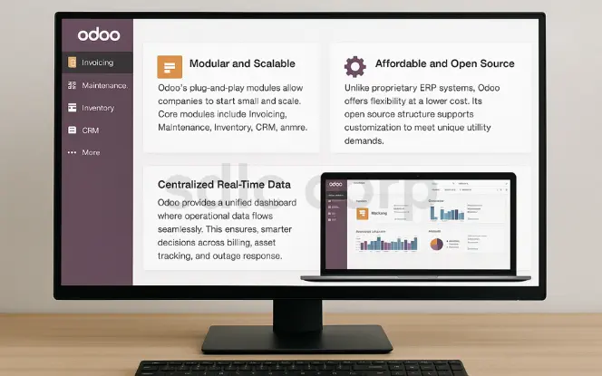 Odoo ERP dashboard on a computer monitor showing modular, affordable, and real-time data features for business management.