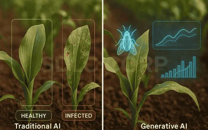 Side-by-side comparison of Traditional AI and Generative AI for Agriculture, highlighting healthy and infected corn leaves, with generative AI overlays showing pest simulations and growth predictions.