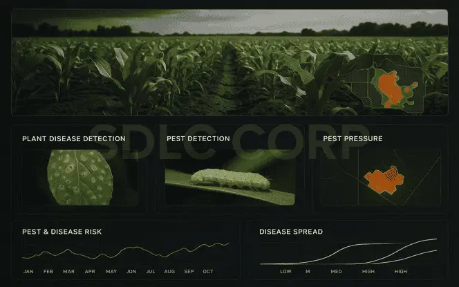 Generative AI for Agriculture pest and disease management dashboard with corn crops, pest detection imagery, risk charts, and disease spread simulation.