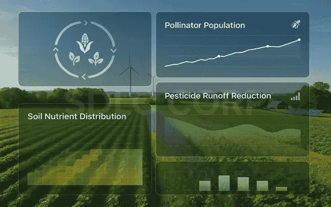 Generative AI for Agriculture sustainability dashboard over a green farm landscape, showing pollinator population trends, soil nutrient distribution, and pesticide runoff reduction.