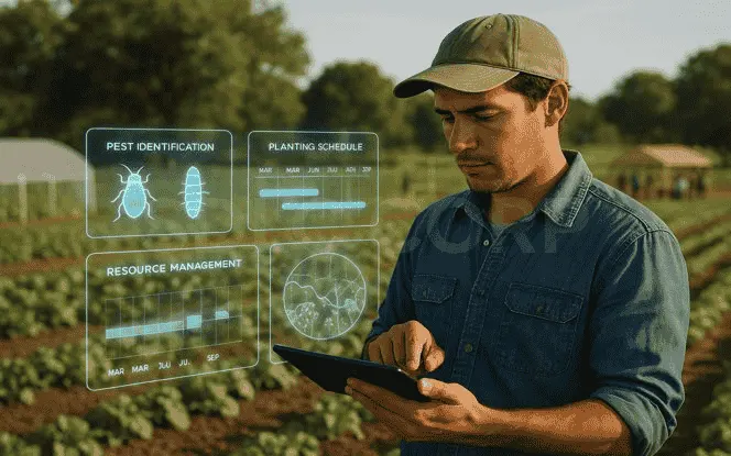 Generative AI for Agriculture training scene with a farmer using a tablet in the field, viewing holographic panels for pest identification, planting schedule, and resource management.