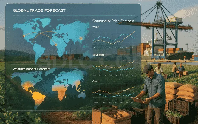 Generative AI for Agriculture global trade forecasting dashboard overlaid on a farm and shipping port scene, showing a world map with trade routes, weather impact forecast heatmaps, and commodity price trend graphs for wheat, soybeans, and corn.