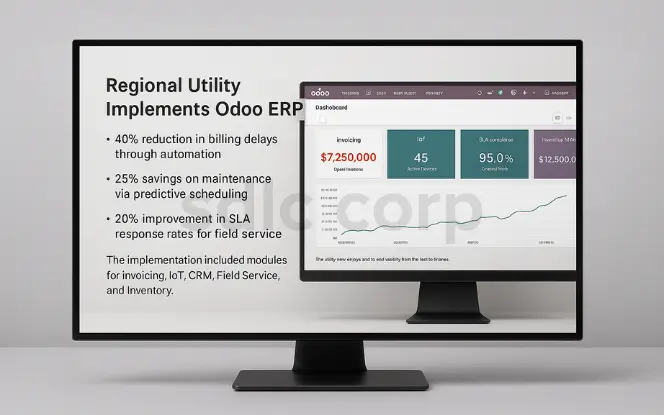 Odoo ERP dashboard on a widescreen monitor showing utility company performance metrics for invoicing, IoT devices, SLA compliance, and inventory value alongside key implementation result.