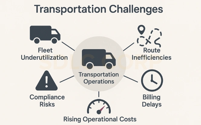 Transportation and Shipping Challenges Diagram Transportation and shipping challenges shown in a simple linear flow diagram.