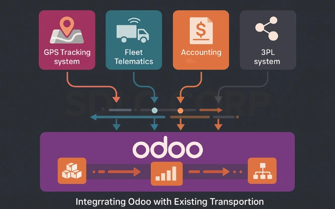 Odoo Transportation Systems Integration Diagram Integration diagram showing external transportation systems feeding data into Odoo ERP.