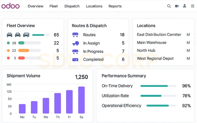 Odoo Transportation Operations Scaling Dashboard Odoo dashboard showing scaling transportation operations with fleet routes locations volume and performance panels.