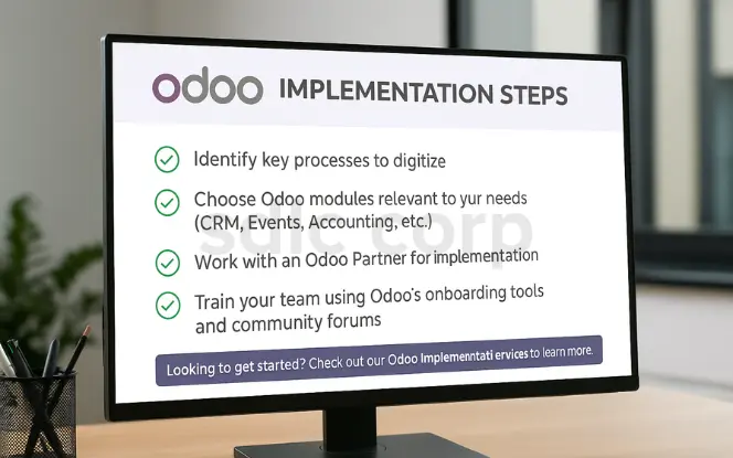Odoo ERP implementation steps displayed on a computer monitor, showing a checklist for digitizing processes, choosing modules, working with a partner, and training the team.