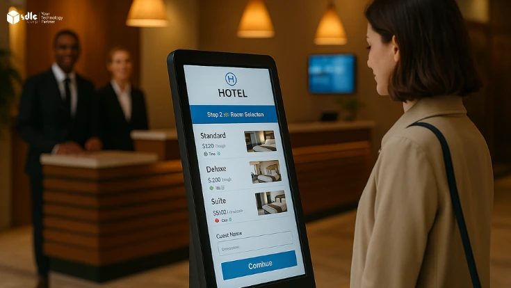 AI-powered self-check-in kiosk in a modern hotel lobby with a digital dashboard displaying room selection and booking options