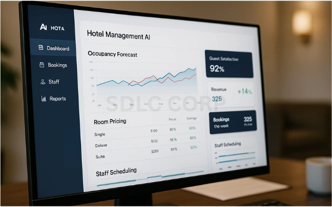AI for Hotel Management Visual representation of AI for hotel management with a dashboard showing bookings, occupancy rates, and staff scheduling