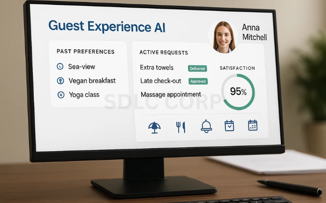 AI-Powered Guest Experience Illustration of AI-powered guest experience showing a guest interacting with a smart concierge system and personalized service dashboard