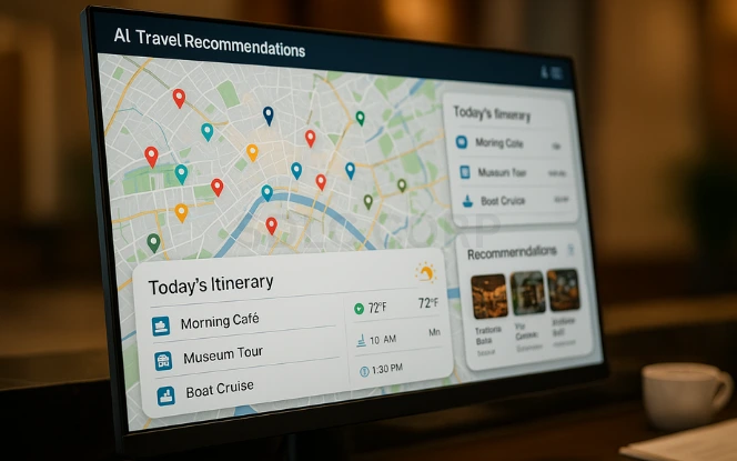 Personalized Travel Recommendations with AI Visualization of personalized travel recommendations using AI, showing a digital itinerary with local attractions, dining suggestions, and weather updates