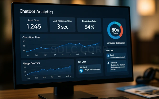 Chatbots for Hotel Customer Service Depiction of chatbots for hotel customer service, featuring a live chat interface on a monitor assisting a guest with booking and inquiries