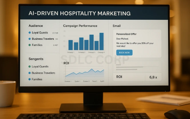 AI-Driven Hospitality Marketing Graphic showing AI-driven hospitality marketing with analytics dashboards, targeted campaign visuals, and audience segmentation charts