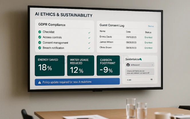 Ethical, Privacy & Sustainability Considerations Illustration representing ethical, privacy, and sustainability considerations in hospitality AI, showing GDPR compliance checklist, guest consent forms, and eco-friendly metrics